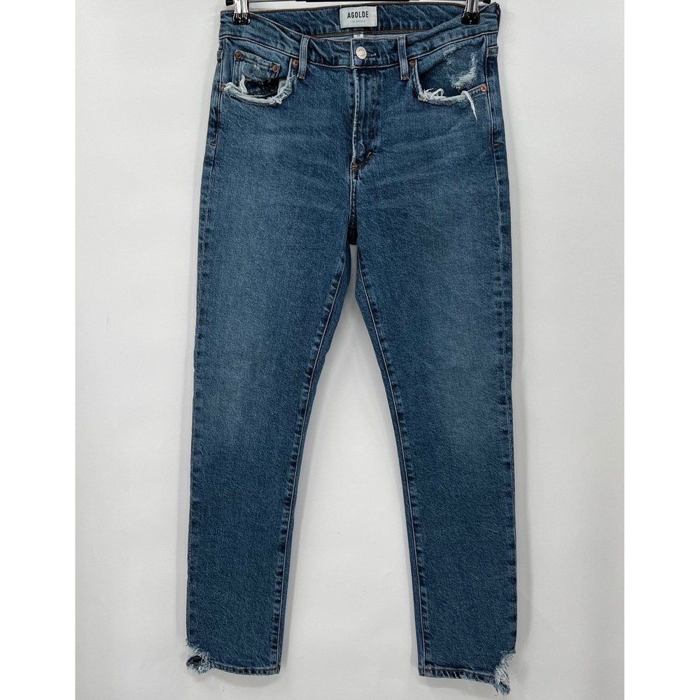 AGOLDE Toni‎ Slim Straight Jeans Womens Blue Distressed Chewed Hem 28